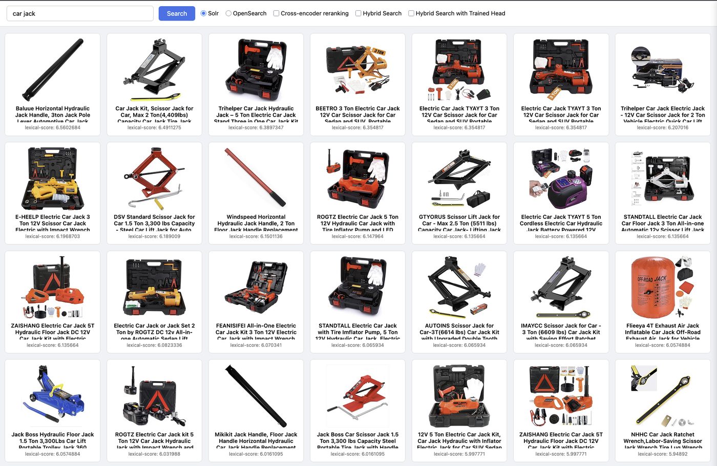 Product search for “car jack” on Solr, showing a grid of car jack products with lexical scores.