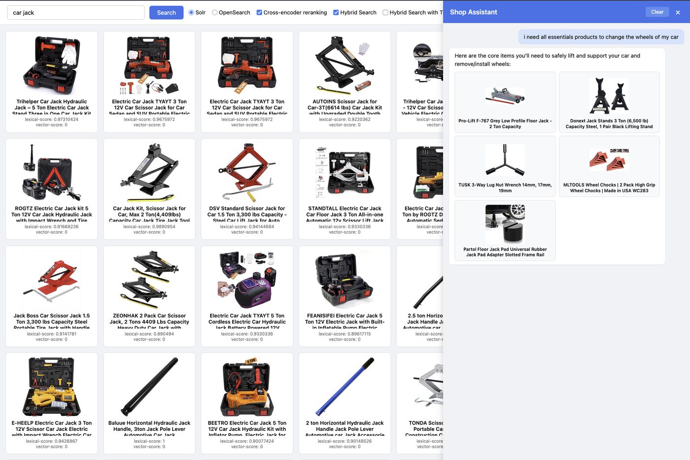 The shop assistant listing the core items needed to lift a car and change wheels: floor jack, jack stands, lug wrench, wheel chocks and a jack pad.