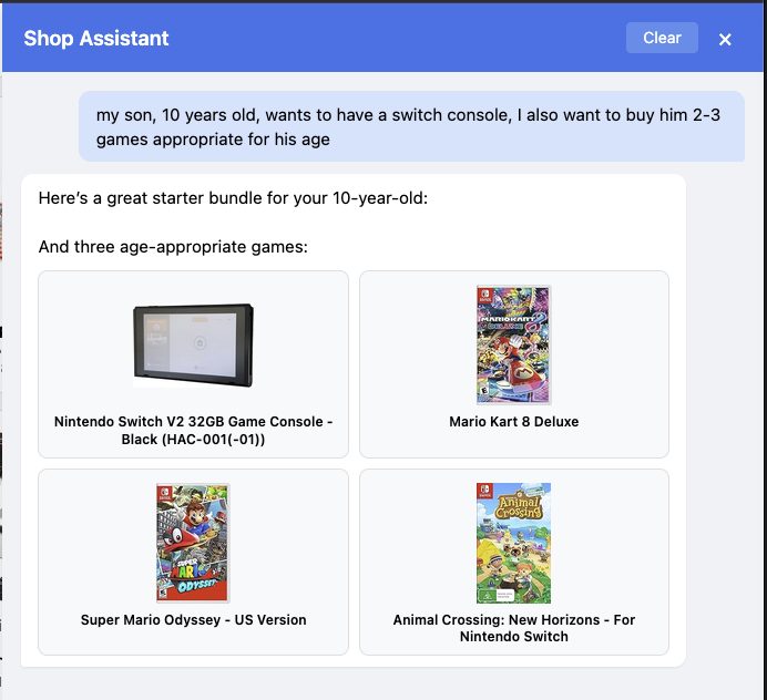 The shop assistant recommending a Nintendo Switch console plus three age-appropriate games for a 10-year-old.