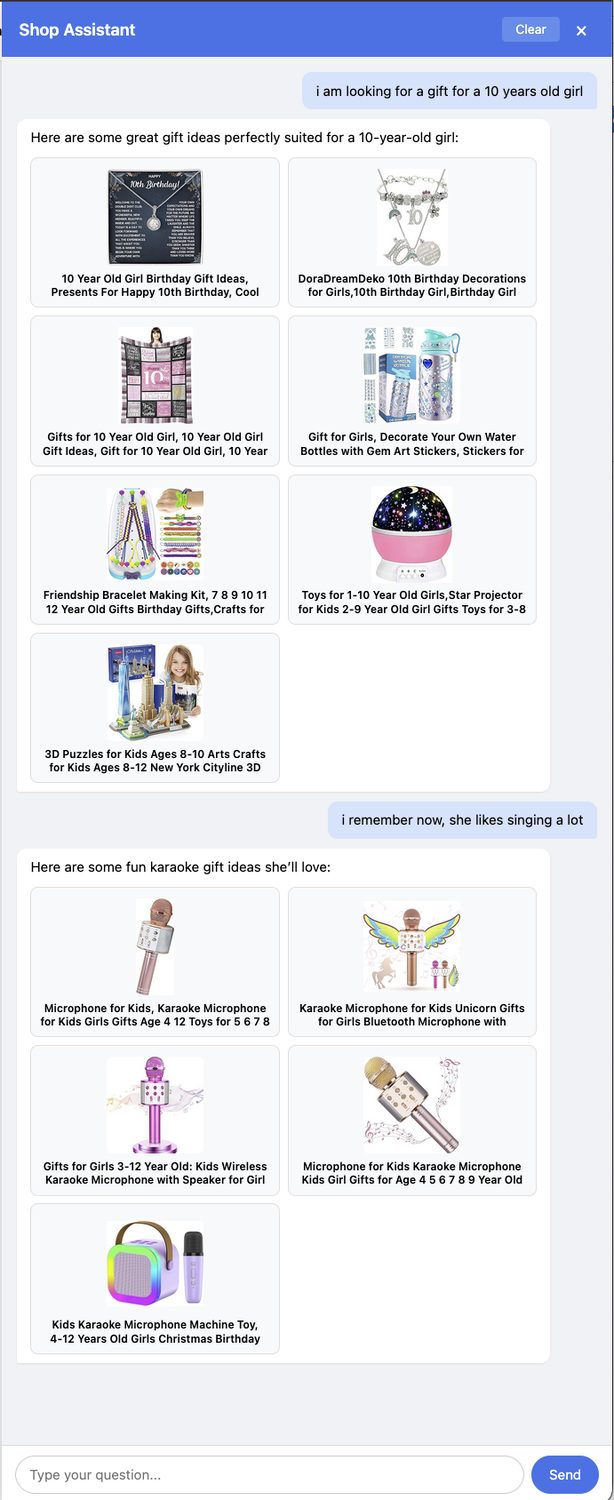 The shop assistant suggesting gift ideas for a 10-year-old girl, then refining to karaoke microphones after a follow-up message.