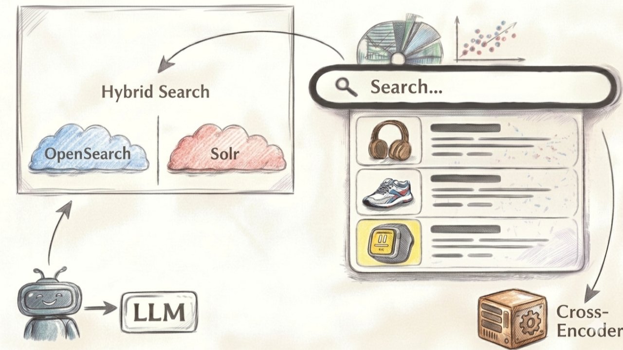 Sketch illustration combining a product search result, OpenSearch and Solr clouds labeled “Hybrid Search”, a robot pointing to an LLM, and a “Cross-Encoder” box re-ranking results.