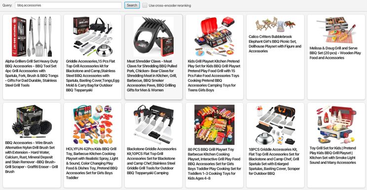Search results for “bbq accessories” without re-ranking, showing several toy BBQ sets in the top results.