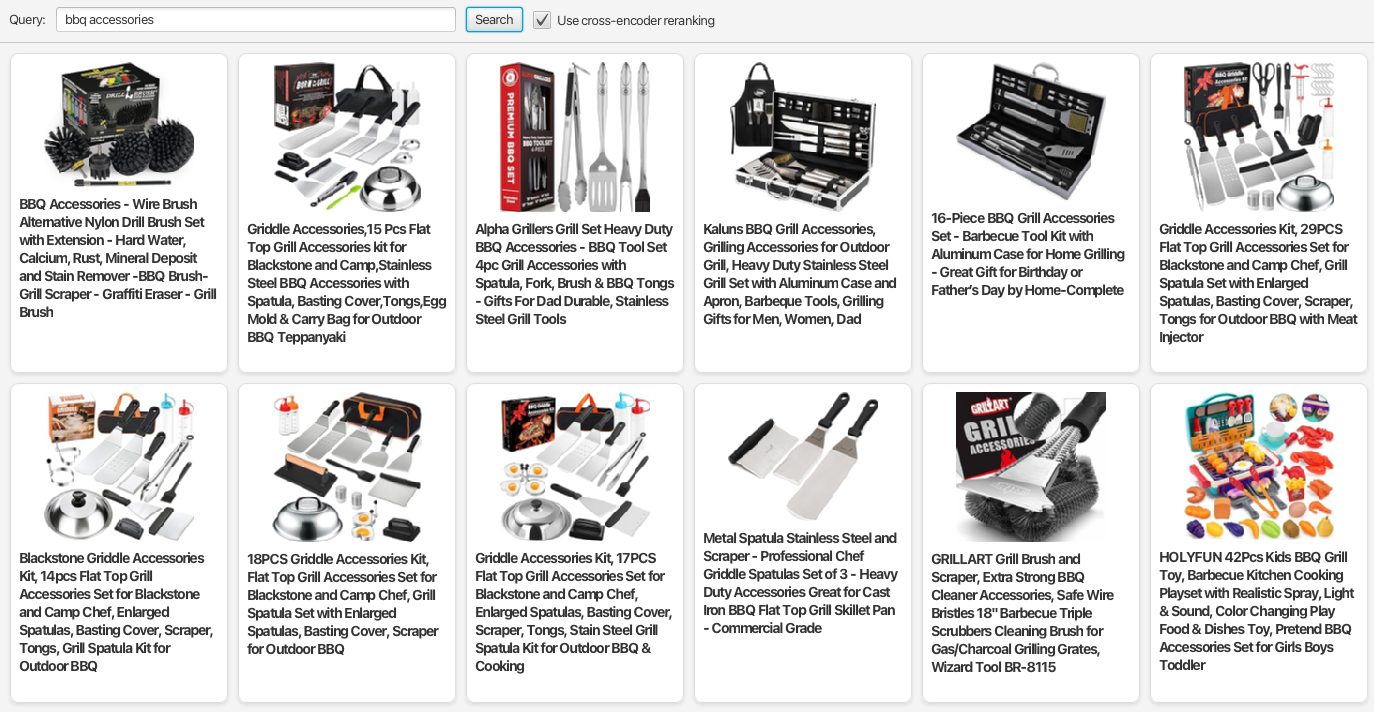 Search results for “bbq accessories” with cross-encoder re-ranking, showing real BBQ accessory sets in the top results.