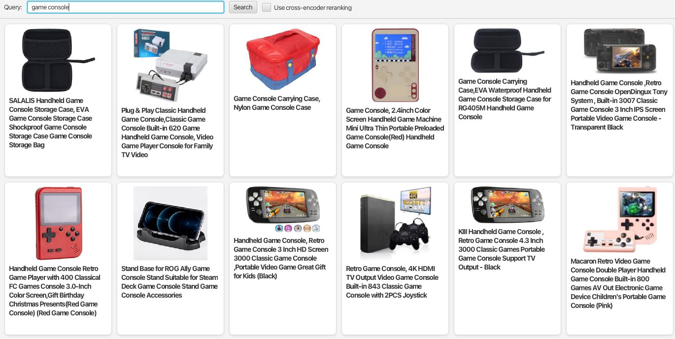 Search results for “game console” without re-ranking, with several accessory products in the top results.