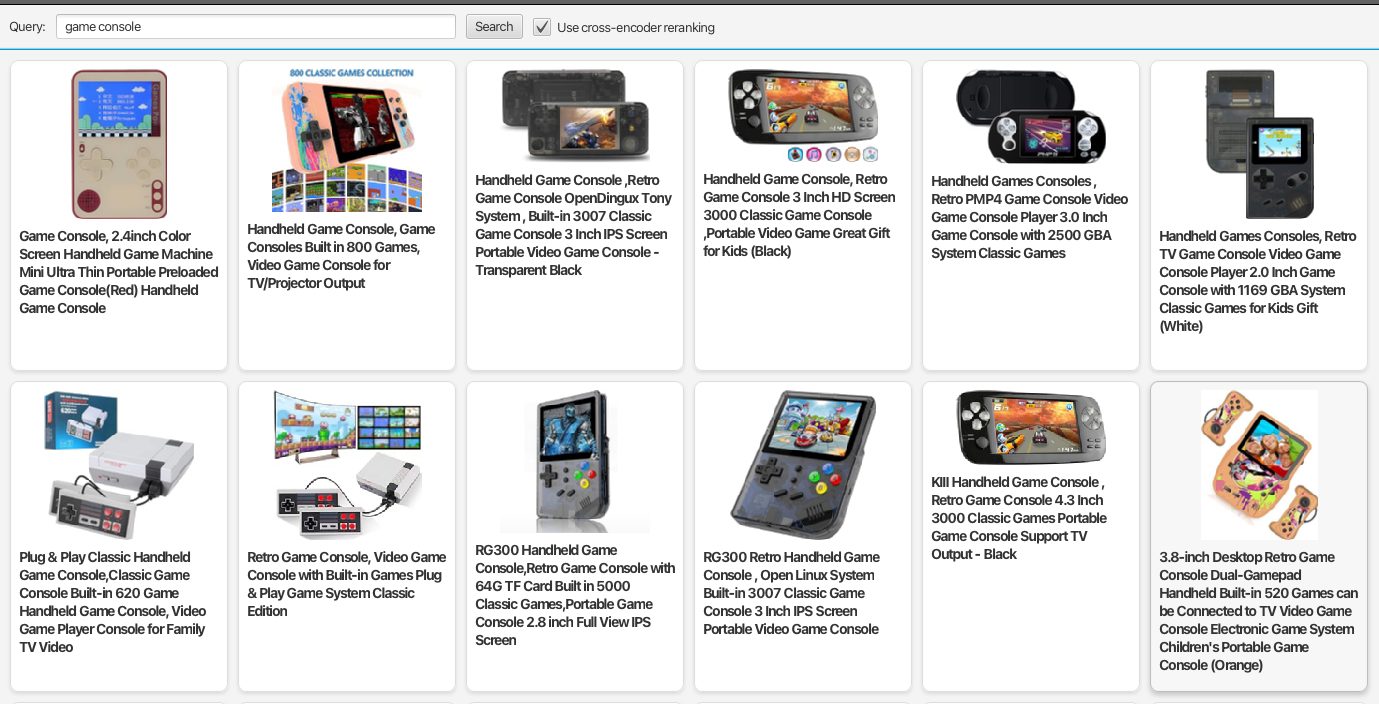 Search results for “game console” with cross-encoder re-ranking, showing actual game consoles in the top results.