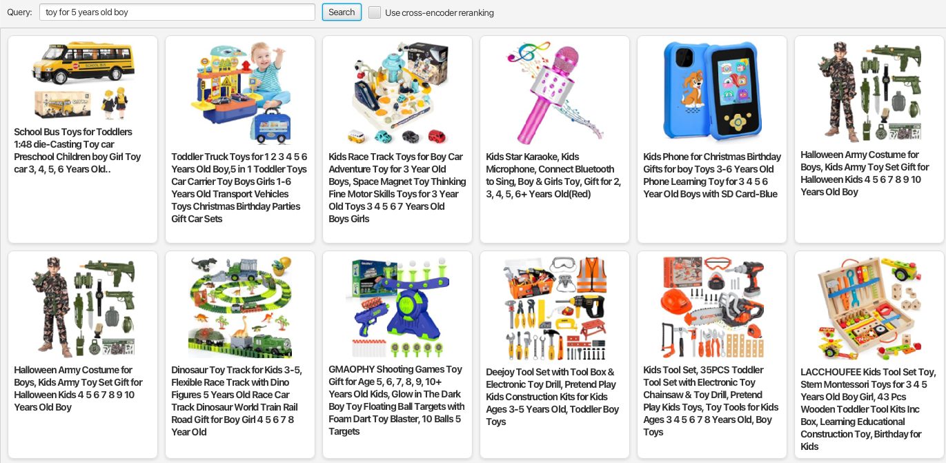 Search results for “toy for 5 years old boy” without re-ranking.