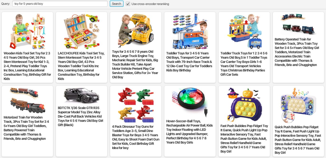 Search results for “toy for 5 years old boy” with cross-encoder re-ranking.